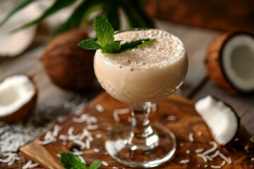 Coconut milk cocktail decorated with fresh mint standing on wooden table
