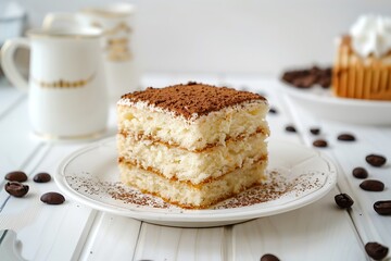 Slice coffee cake on white plate, photo shoot for ads, white wood background.