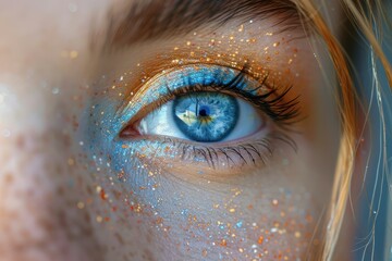 Woman eye make up with blue eyes and blue orange makeup close up