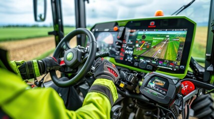 Close-up of a modern tractor's cabin with advanced technology displays and controls, showcasing agricultural innovation.