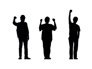 Vector silhouettes of men and a women, a group of standing business people, profile, black color isolated on white background