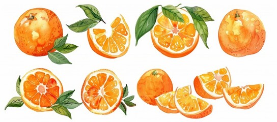 Citrus clipart illustration, oranges with leaves on a transparent background, watercolor illustration