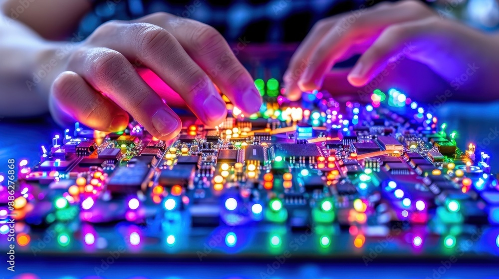 Poster close-up of hands working on a colorful electronic circuit board with glowing led lights, representi