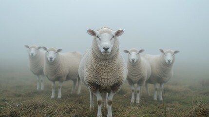 Obraz premium A serene flock of sheep stands alert in a misty meadow, their calm gazes piercing through the foggy air.
