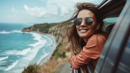 Woman happily leans out car window, embracing the coastal breeze, with stunning ocean and cliffs in the background.