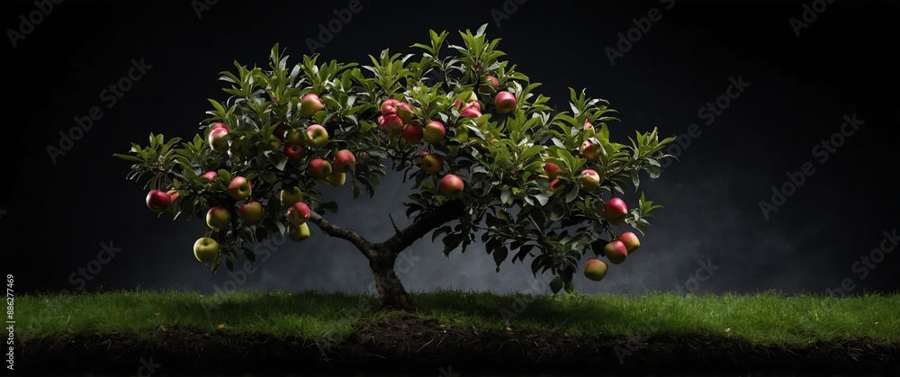 Poster branch of apple tree on plain black background for banner with copy space