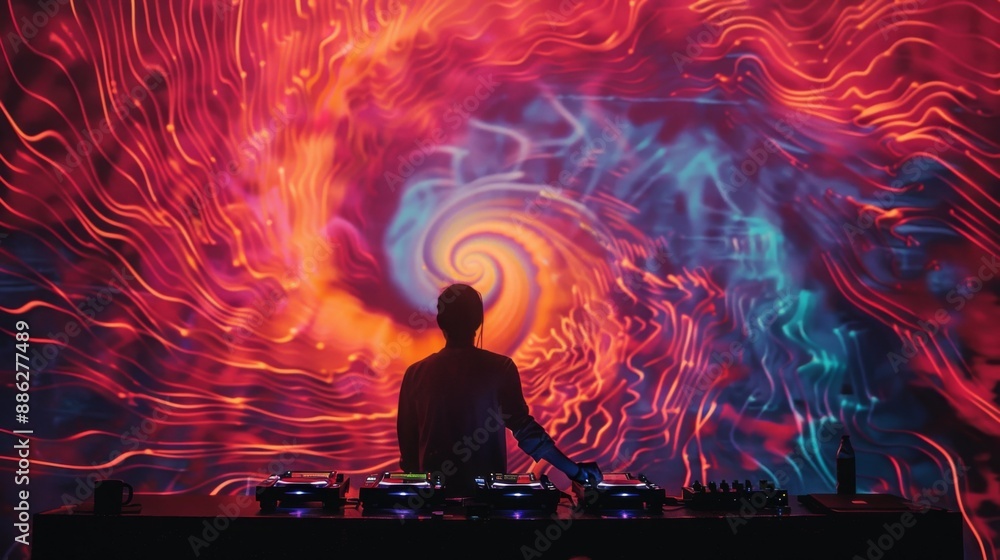 Poster a dj stands in front of a wall covered in vibrant, psychedelic light patterns. the dj is silhouetted