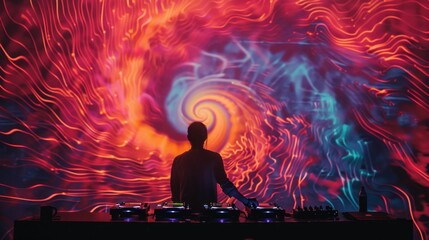 A DJ stands in front of a wall covered in vibrant, psychedelic light patterns. The DJ is silhouetted against the colorful lights, creating a visually striking image.