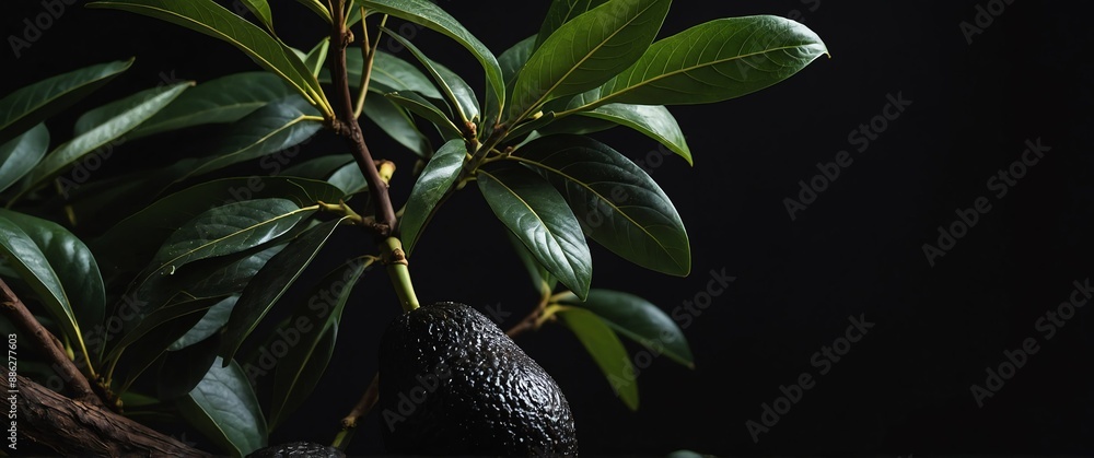 Poster branch of avocado tree on plain black background for banner with copy space