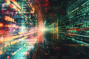 Vibrant abstract background featuring intersecting lines and scattered dots in various colors, Create a surreal interpretation of data streams in a digital realm