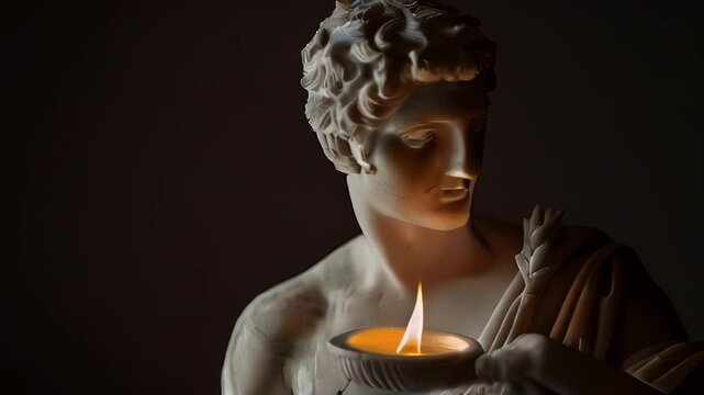 Greek god statue holding Olympic flame in slow motion video, Apollo holds bowl with flame