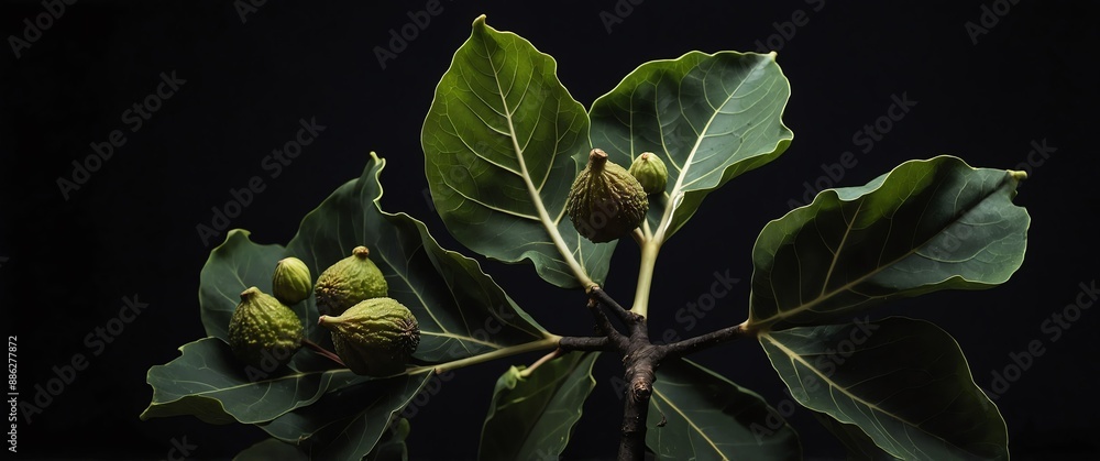 Poster branch of fig tree on plain black background for banner with copy space