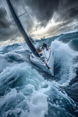 Naklejka premium Man sailing on a contemporary white sailboat in the vast expanse of the open sea