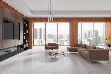 Spacious living room with modern furniture, large windows displaying city skyline view. Minimalist decor on wooden panel walls. Urban living concept. 3D rendering