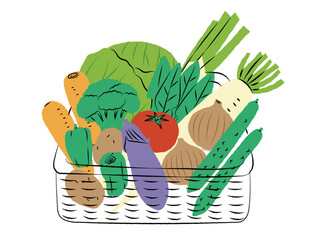 カゴに入った野菜セットのイラスト｜ベクター