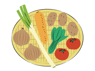 ザルに入ったいろいろな野菜のイラスト｜ベクター