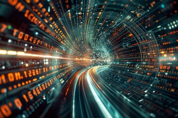 A tunnel filled with numerous numbers flowing out in a surreal data stream, Create a surreal interpretation of data streams in a digital realm