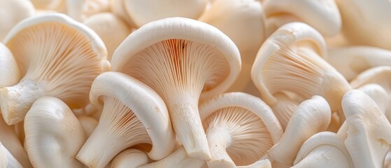 A bunch of white mushrooms are piled on top of each other