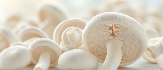 A bunch of white mushrooms are displayed on a white background