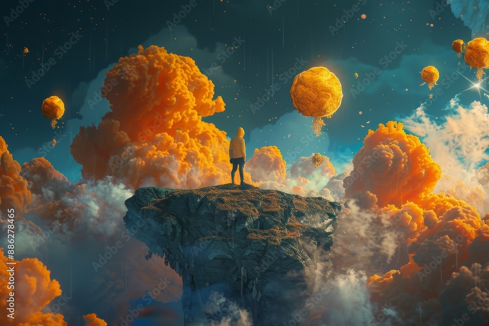 Poster a person stands on a mountain peak engulfed by clouds, creating a surreal scene, create a surreal in