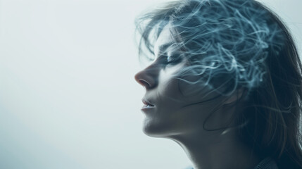 A woman with a cloud over his head. Concept for mental health issues illness, brain fog or migraine headaches. Could also be for therapy to help dispel negative thoughts.