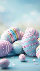 Obraz premium A bunch of painted eggs are arranged in a row on a blue background