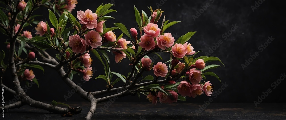 Poster branch of peach tree on plain black background for banner with copy space