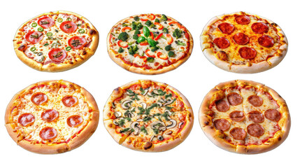 Collection of pizza with various ingredients, transparent background or PNG file. Top view cutouts of fast food
