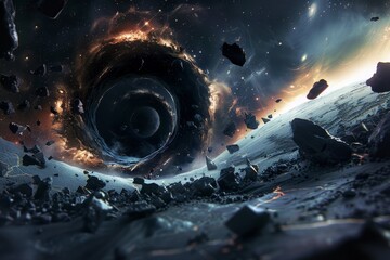 A black hole in space surrounded by rocks, illustrating the powerful force of gravity at work, Create a surreal scene of a black hole devouring everything in its path