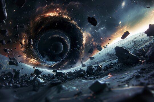 A black hole in space surrounded by rocks, illustrating the powerful force of gravity at work, Create a surreal scene of a black hole devouring everything in its path