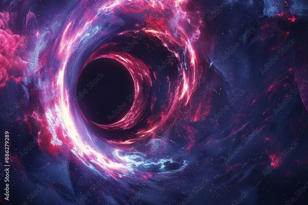 Poster a black hole sits in the center of a star-filled space, engulfing everything in its path, create a s