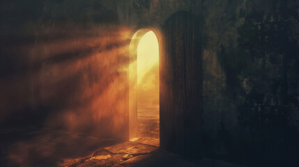 Naklejka premium A wooden door leading to a glowing outside environment with sunlight streaming in and a large keyhole highlighted in the light.