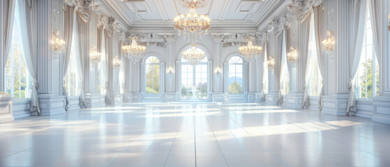 Obraz premium Luxurious ballroom with chandeliers, drapes, and grand decorations for a birthday celebration.