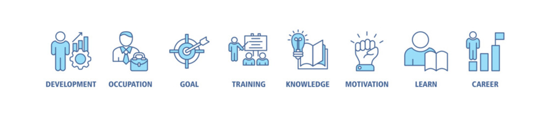 New skills banner web icon set vector symbol illustration concept with icon of development, occupation, goal, training, knowledge, motivation, learn and career