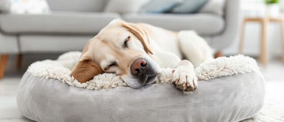 Obraz premium A dog relaxes in a cozy bed at its new home, post-adoption bliss.