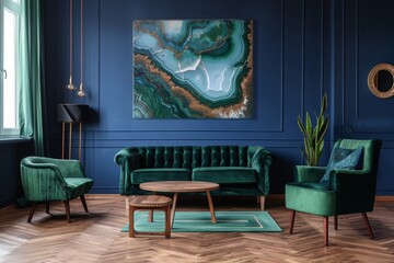 Stylish modern living room with green sofa and armchair and marble poster at the bottom of the wall. Art deco interior design.