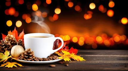 Obraz premium Steam Rising From a Warm Cup of Coffee Surrounded by Autumn Leaves
