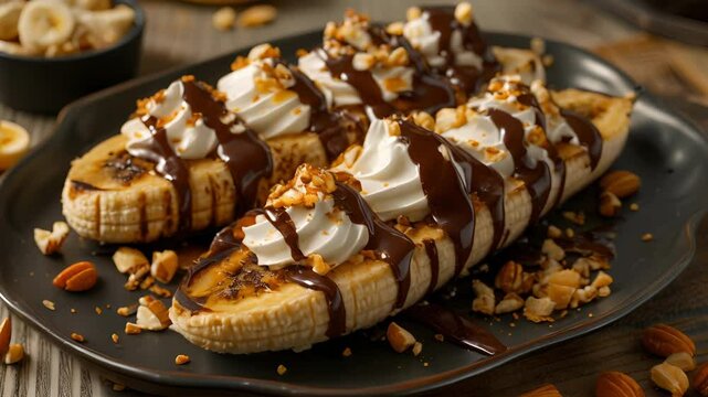A decadent grilled banana split for dessert drizzled with dairyfree chocolate sauce and topped with crushed nuts and coconut whipped cream.
