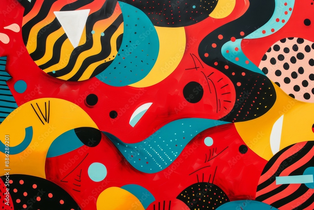 Poster a multitude of different colors and shapes create a vibrant abstract pattern against a red backgroun