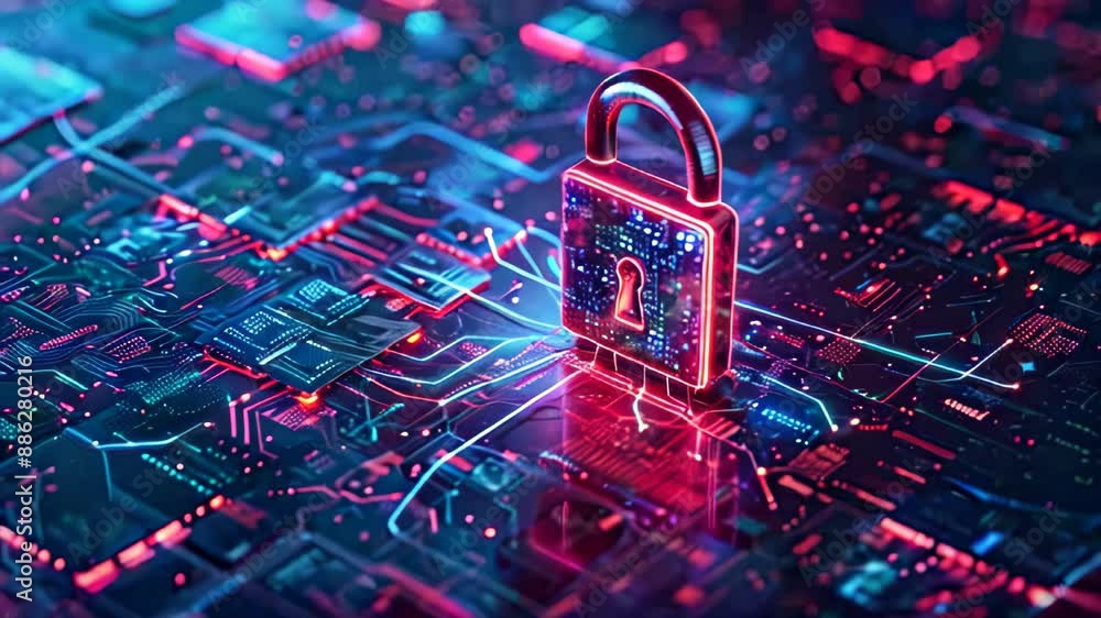 Poster lock icon. cyber security of digital data network protection. high-speed connection data analysis. t