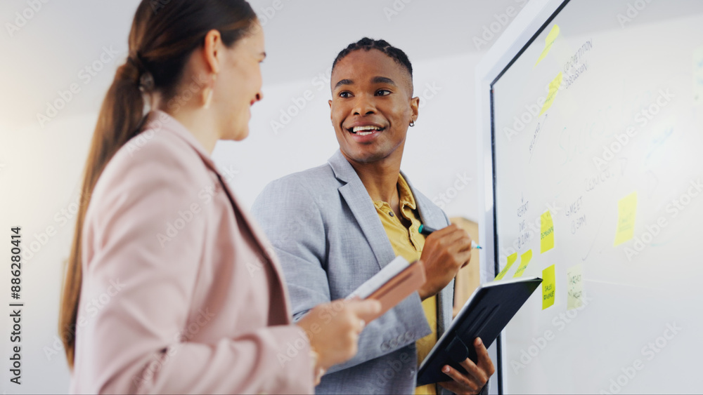 Poster board, diversity collaboration and business people communication planning and discussion on advertis