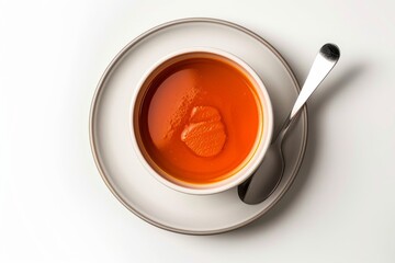 In a platter with a white and gray background, a soup of zanahoria is served.