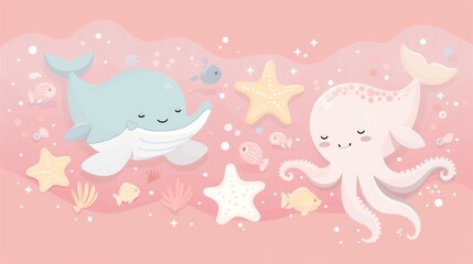 There are bright icons stickers of adorable sea animals in this set of underwater illustrations. There are ocean baby crabs, turtles, octopuses, dolphins, seahorses, shells, starfish, and whales