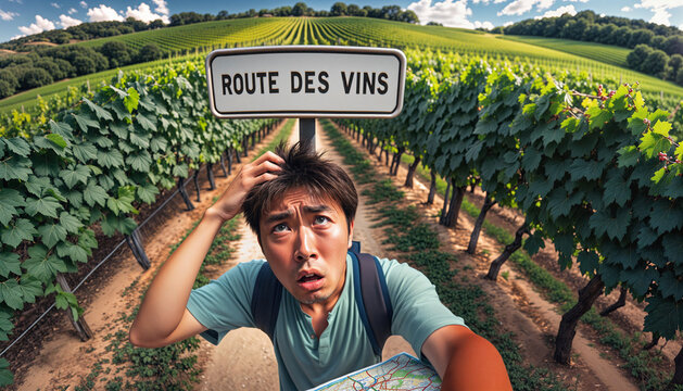 Un touriste confus cherchant la route des vins en Alsace.
