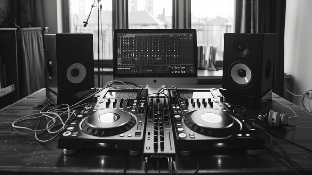 Two DJ mixers, a computer, and speakers sit on a table in a studio.