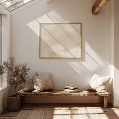 Stylish entrance hall with wooden bench and brown leather cushion. Scandinavian interior design.