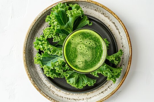 Green col rizada juice and fresh col rizada leaves on a white plate with a white background
