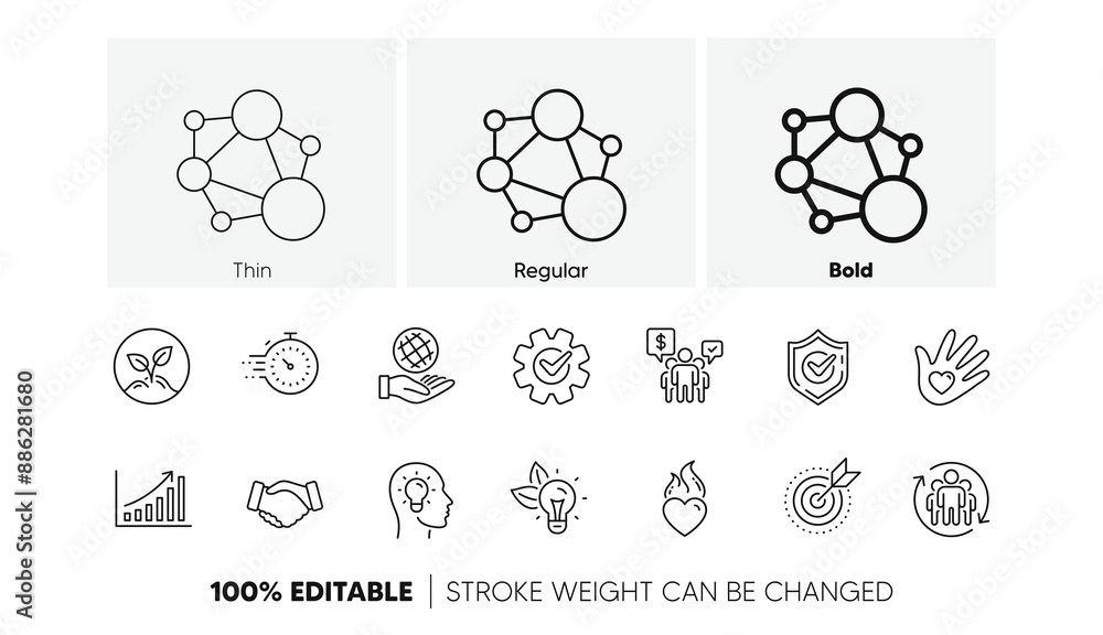 Poster integrity, target purpose and strategy. core values line icons. trust handshake, social responsibili