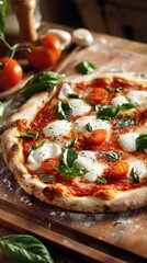 Artisanal Margherita pizza on a wooden pizza peel, garnished with cherry tomatoes and basil, ready for a delightful dining experience.