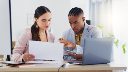 Laptop, diversity and business people collaboration, communication or teamwork on work flow analysis. Notebook planner, discussion talk and black man, woman or team cooperation on research statistics